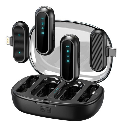 Microfone De Lapela Sem Fio Duplo Tipo-c E iPhone Som Profissional Com Modo Compartilhado Ou Independente Para Gravações Vídeos E Lives Com Áudio Limpo E Cancelamento De Ruído Plug Play Bateria Longa