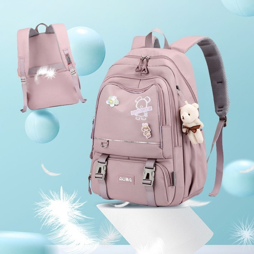 Mochila Jovem Escola Notebook Espaçosa Cor Rosa Urso Desenho Do Tecido Liso