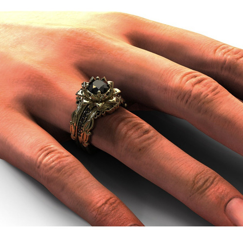 Anillo De Lujo Para Mujer Con Circonitas Negras Con Forma D