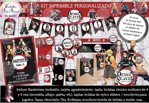 Kit Imprimible Candy Bar Demon Slayer Personalizado+obsequio