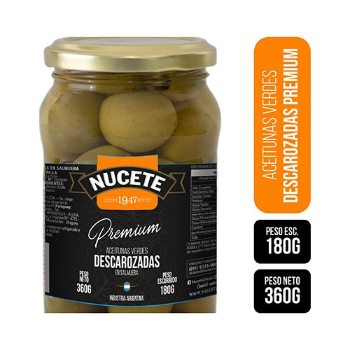 Aceitunas Verdes Premium Descarozadas Nucete Frasco 360 Gr