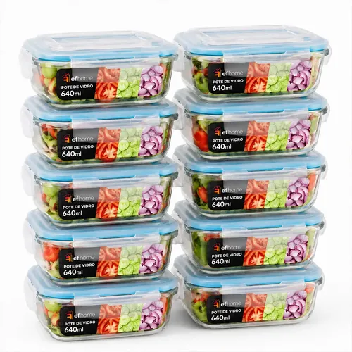 Kit 10 Pote De Vidro Marmita Hermético 640ml Fitness Freezer - R$ 103,99