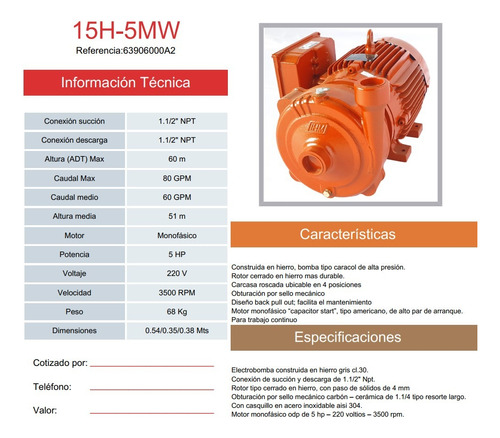 Bomba Centrifuga Ihm Modelo 15h-5mw Motor 5hp 220 Volt 1 Ph