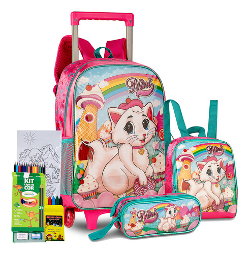 Kit Mochila Rodinha Estojo Lancheira Gatinha Infantil Escola