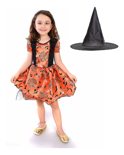 Fantasia Vestido Infantil Bruxinha Halloween Com Chapéu 