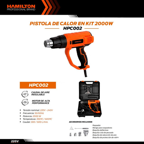 Imagen 9 de 10 de Pistola De Calor 2000w 600°c Maletín Y Acc. Hpc002 Hamilton
