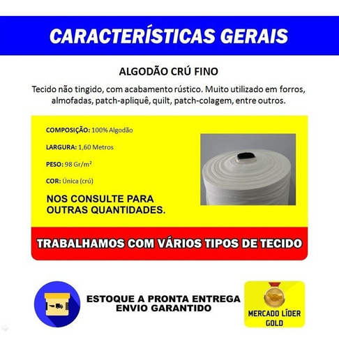 2 Metros Tecido Algodão Crú Fino Forro Artesanato