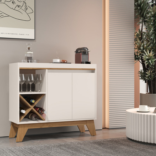 Buffet Barzinho Porto Belo 2 Portas Aparador Adega Bebidas Cor Off White / Freijó