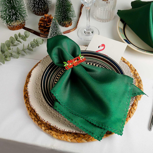 Set De 4 Servilletas De Tela De Navidad, Verde Oscuro...