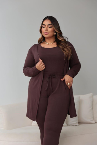 Conjunto Plus Size Feminino 3 Peças Blusa Calca E Cardigan
