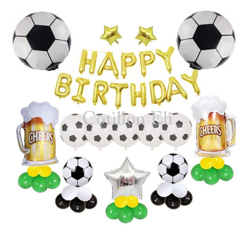 Set  Deco Feliz Cumple Globos Pelota Futbol