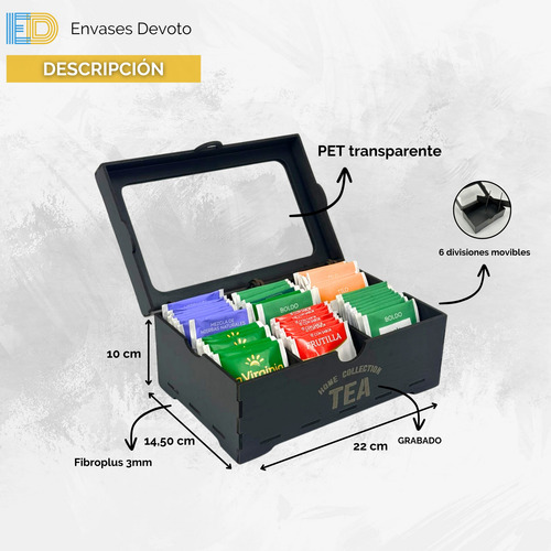 Caja De Te Madera Organizador - 6 Divisiones Removibles