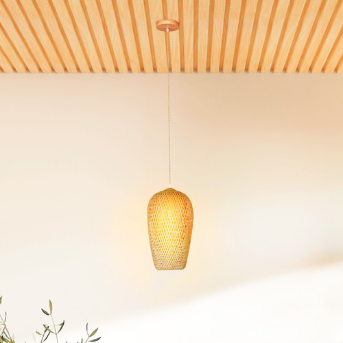 Gmh Lustre Pendente Artesanal De Bambu Fibra Orgânica Natural Artesanal Cúpula 24cm Diâmetro Moderno Completo Pendente Madeira Fio Marrom C/ Lâmpada Filamento 127/220V Restaurante Sala Sitio