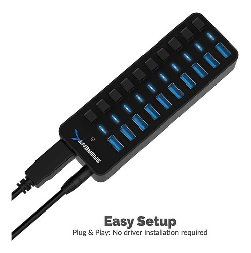 Hub Usb - Sabrent - 10 Port Usb 3.0 Switch On/off Fuente 5a