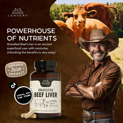 Grass Fed Beef Liver +hierro Vit A Zinc Vit B 3000mg 120caps Sin Sabor
