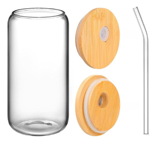 Vaso De Vidrio Con Tapa De Bambu 480ml Aesthetic