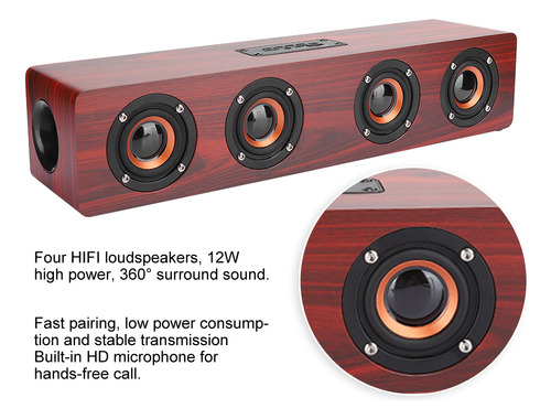 Alto-falante Bluetooth Red Wood Grain, Subwoofer Sem Fio, Pc