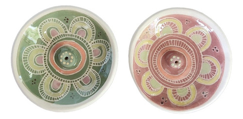 Porta Sahumerio De Cerámica Artesanal Redondo Decorado X2 Multicolor Pack Mandala