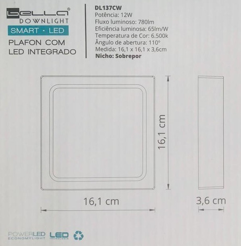 Imagem 2 de 3 de Luminaria Painel Plafon Sobrepor Led 12w Branco Frio 6500k