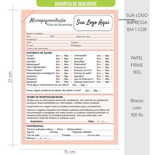 Imagem 2 de 3 de Kit Personalizado Ficha Anamnese Micropigmentãção + Cuidados