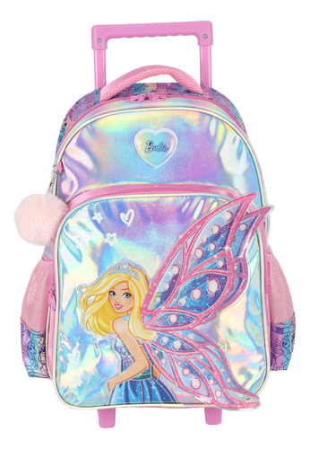 Mochila Rodinhas 17 Barbie Fada Holográfico Rosa Luxcel