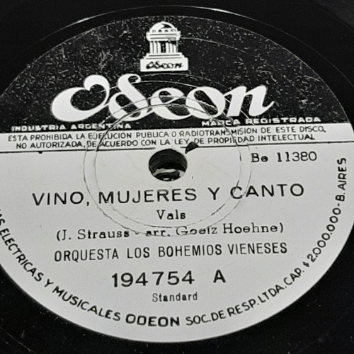 Pasta Orquesta Los Bohemios Vieneses Odeon 194754 C308