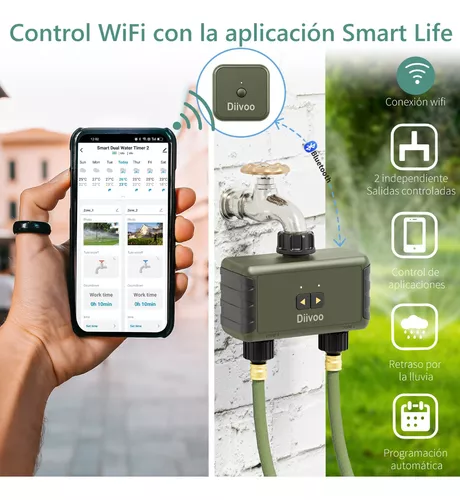 Programador Riego WiFi, Diivoo, 2 Salidas automático, Temporizador de  jardín con retardo por Lluvia, Manual hub WiFi