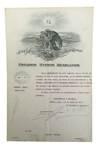 Documento Antiguo Nombramiento, Águila Mexicana, Julio 1917