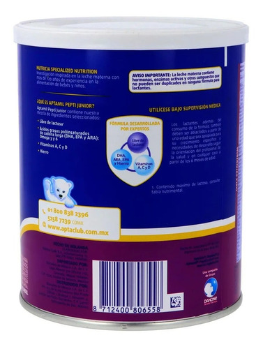 Leche de fórmula en polvo Danone Nutricia Aptamil Pepti Junior en lata de 1 de 400g a partir de los 0 meses