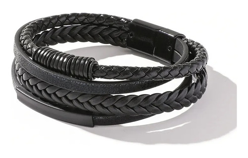 Pulsera Unisex En Cuerina Tejida Negra..