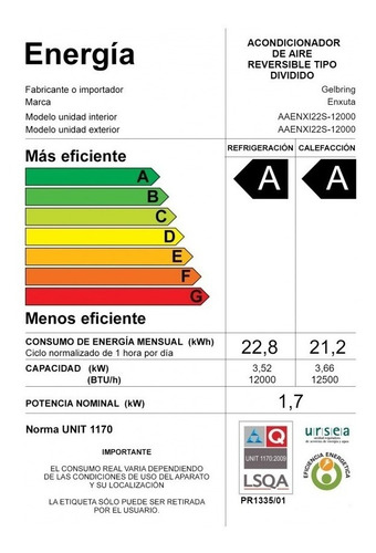Aire Acondicionado Enxuta Smart Inverter 12000 Aaenxi22s Alb