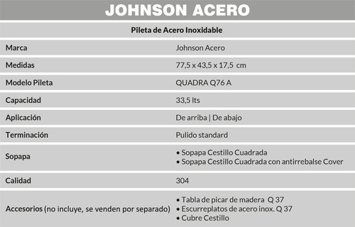 Imagen 4 de 4 de Pileta de cocina doble Johnson Acero Quadra Q76A de acero inoxidable 304 pulido standard 43.5 cm x 77.5 cm x 17.5 cm