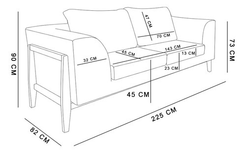 Sofa 02 Lugares Lucy 2,25m Facto Escama Preto Base Madeira