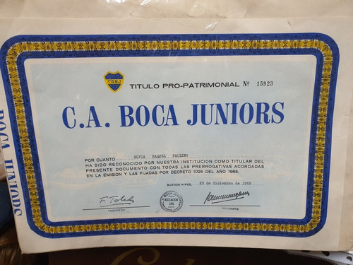 C.a.boca Juniors Ciudad Deportiva Titulo Patrimonial De 1969 (Usado)