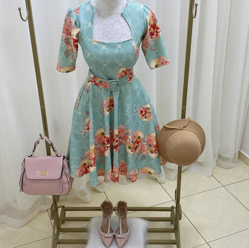 Imagem 5 de 7 de Vestido Social Evangelico Rodado Verde Claro Floral