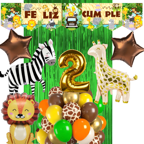 Combo Globos Animales De La Selva Safari Banderin Numero Dorado Numero 2