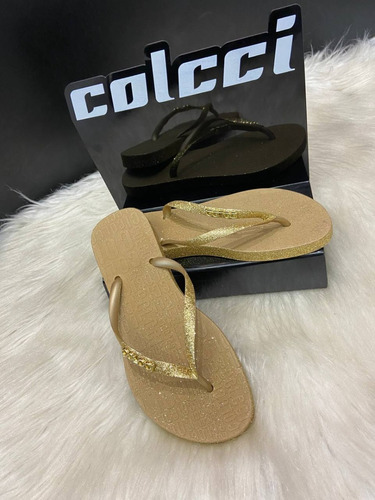 Chinelo Colcci Dourado Com Glitter Letreiro 