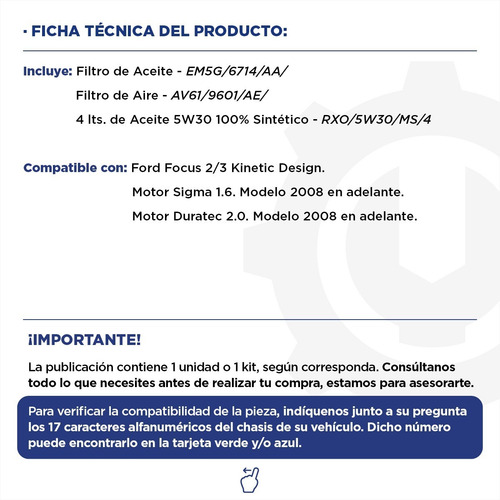 Imagen 2 de 10 de Kit 2 Filtros Ford Focus + Aceite Sintético Motorcraft 5w30