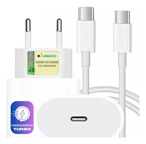 Fonte + Cabo Turbo Pd De 20w Para Android e iPhone 15 Ao 16 Pro Max Cor Branco