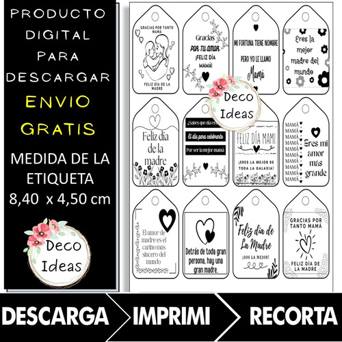 Imagen 3 de 4 de Kit Imprimible Dia De La Madre B N Pdf 02 Tags Etiquetas