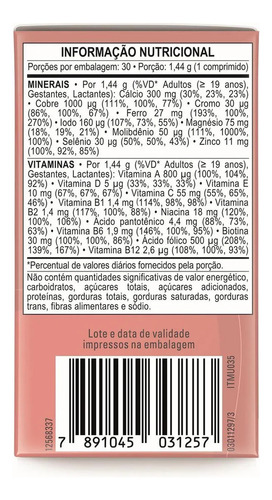 Materna 30 Comprimidos Polivitamínico Vitaminas Y Minerales Sem Sabor