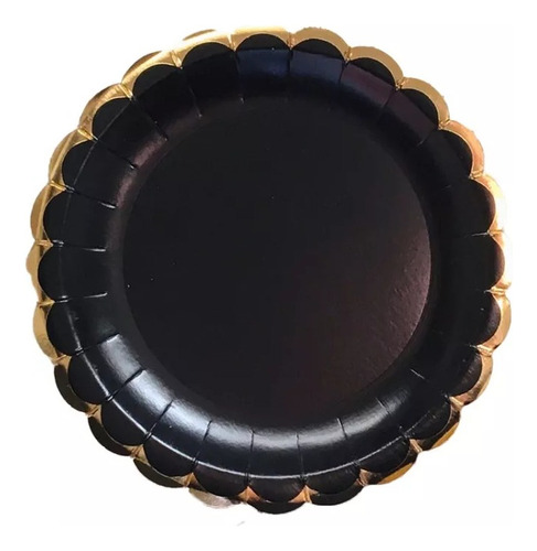 8 Platos Redondos Con Borde Dorado Polipapel Descartable Color Negro