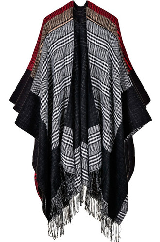 Vintage Mujer Punto Chal Poncho Faux Cashmere Cuadros Cuadro