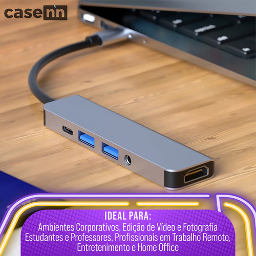 Hub Adaptador Tipo C Usb 3.0 Audio P2 Hdmi 4k 5 Em 1 Multiportas P/ Macbook Air Pro M Pc Smartphone Notebook Para Android Com Modo Dex Casenn