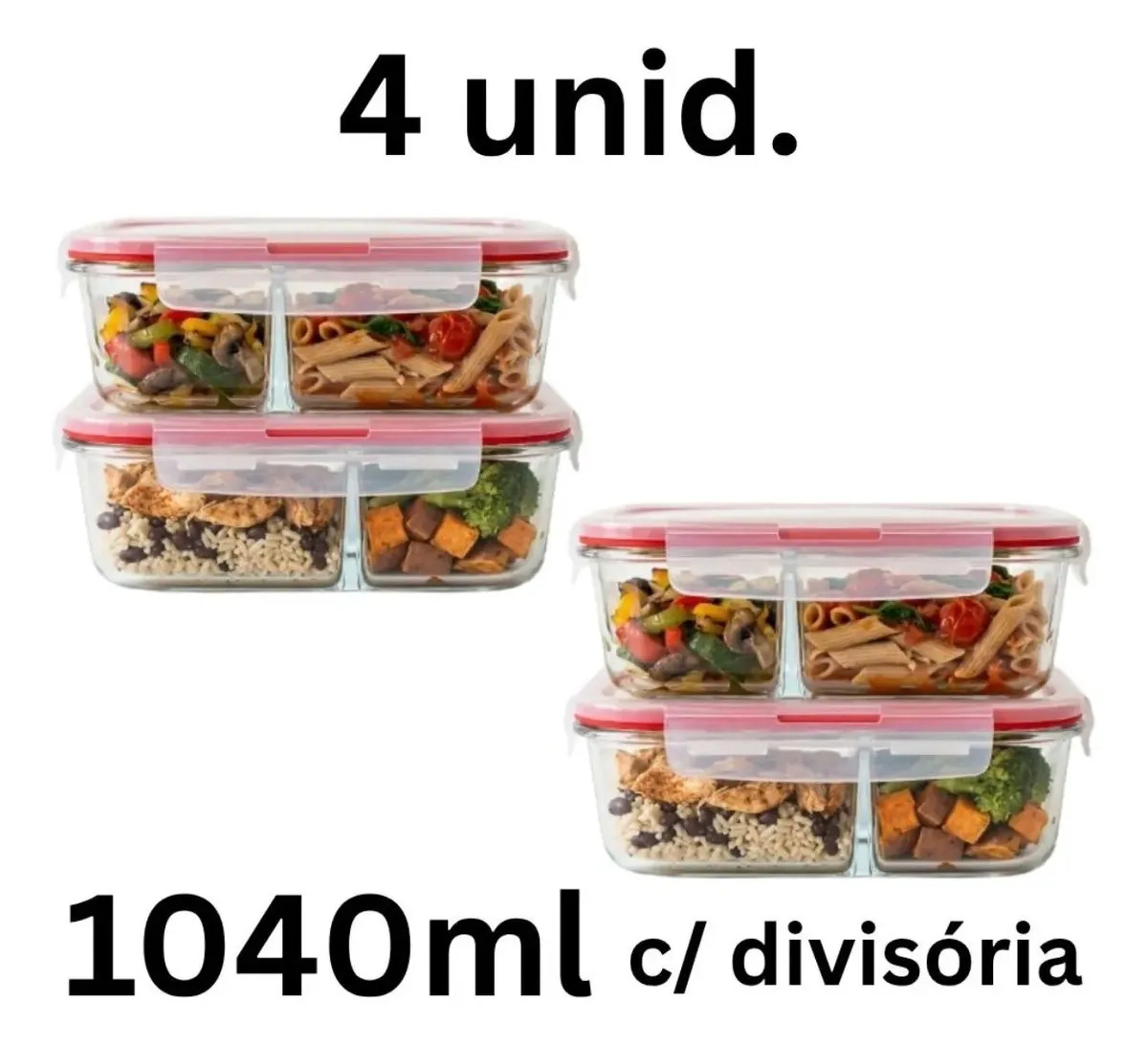 Kit 4 Potes Vidro 1040ml Hermético com Divisória Marmita Freezer Forno Micro ondas Air Fryer Fitness Th Home