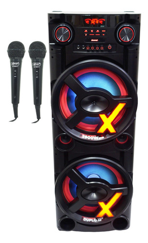 Caixa Som Bluetooth 2900w Rms 2x15´´ Usb Led + 2 Microfones