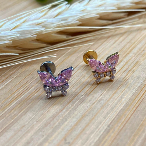 Piercing Orelha Titanio Borboleta Labret Hélix Conch Tragus Cor Dourado
