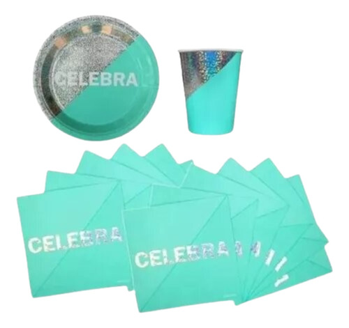 Kit Platos Vasos Servilletas Celebra Celeste Cotillon