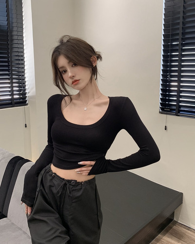 Camiseta De Manga Larga Con Cuello En U Para Mujer, Top De M
