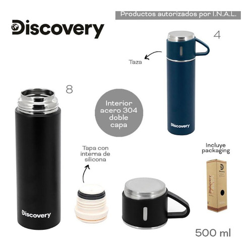 Termo Acero Discovery 500 Ml Termico Frío Calor Mate Cafe Negro